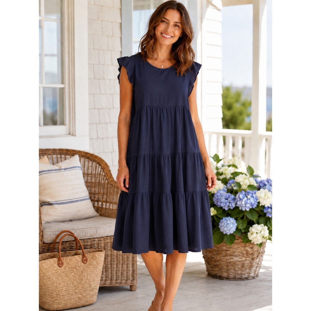Kirundo Navy Tiered Babydoll Dress L Flowy Flutter Sleeve Coastal Grandma Casual